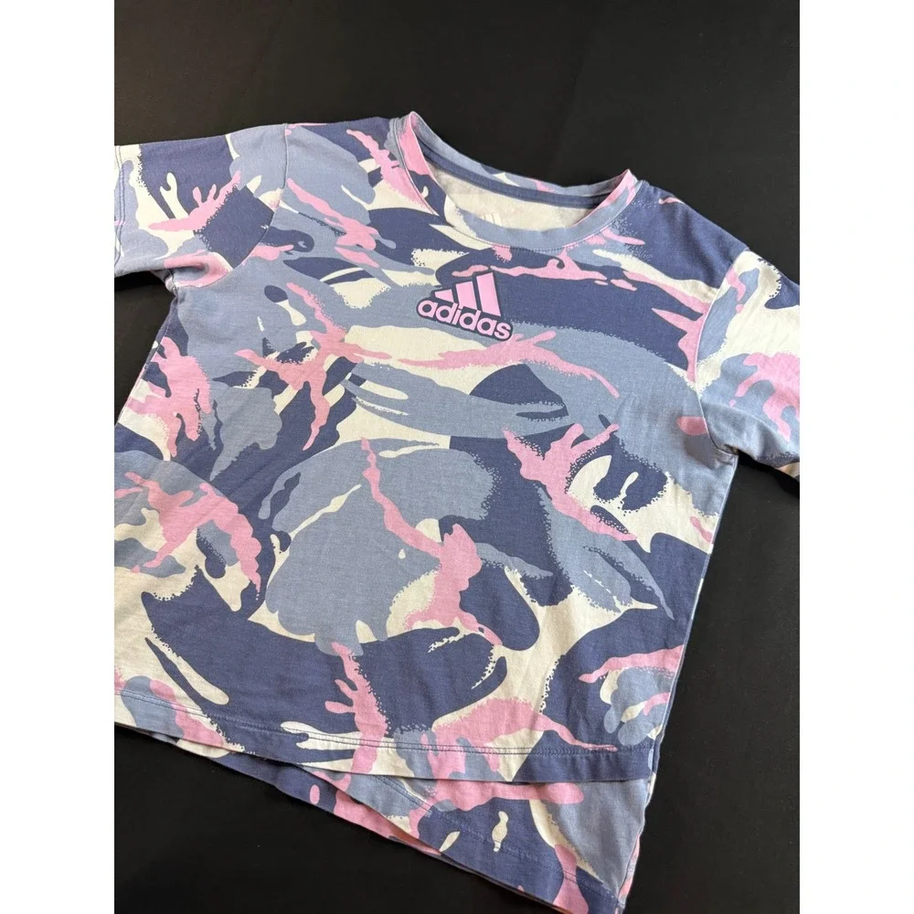 Adidas Girls Camo Graphic T-Shirt Blue Pink White Size M 10-12 AA4853
